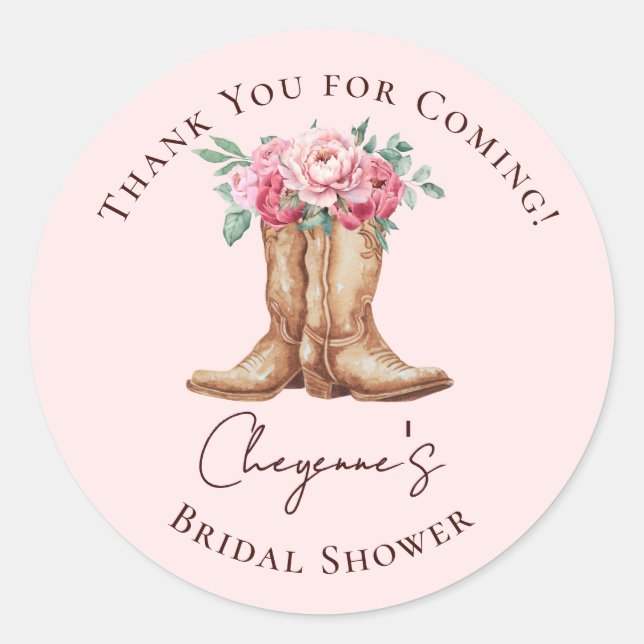 Pink Floral Boho Cowgirl BRIDAL SHOWER Thank You Classic Round Sticker (Front)