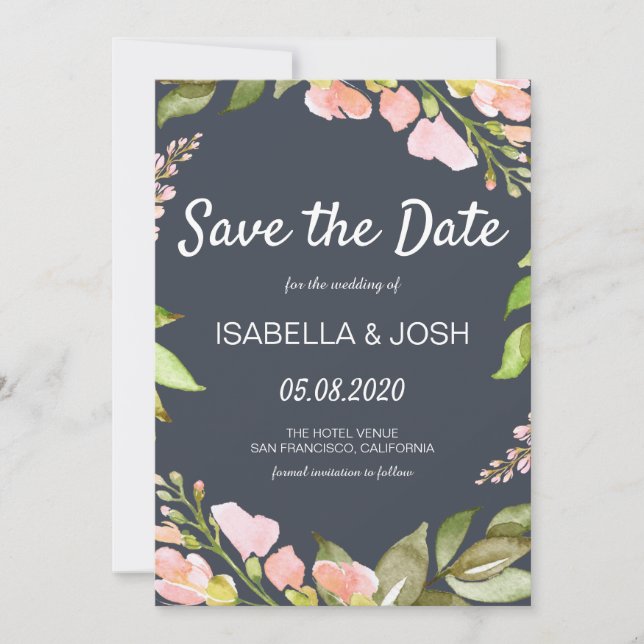 Pink Floral Boho Dark Blue Save the Date (Front)