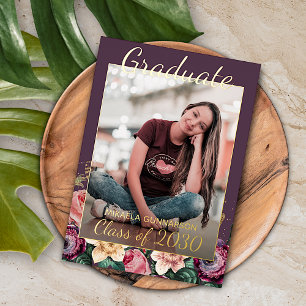 Pink Floral Boho Gold Foil Graduation Announcement