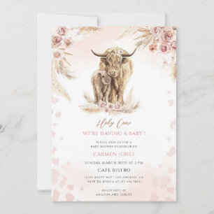 Pink Floral Boho Highland Cow Baby Shower Invitation