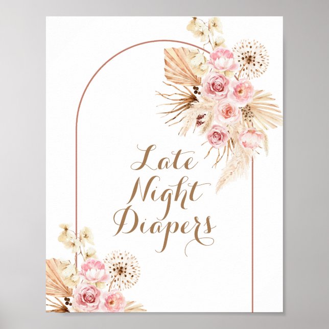 Pink Floral Boho Late Night Diapers Sign Poster (Front)