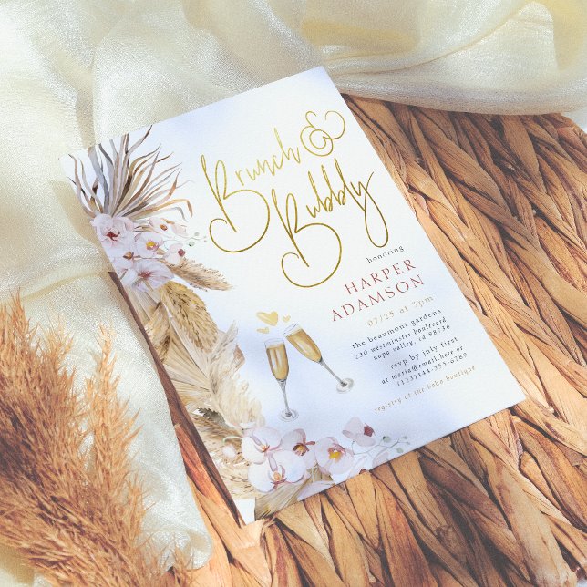 Pink Floral Boho Pampas Grass Brunch & Bubbly Invitation (Creator Uploaded)