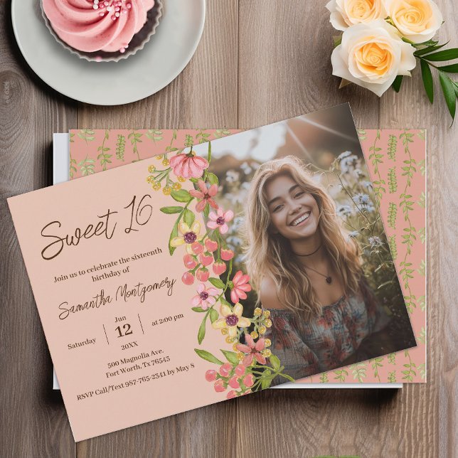 Pink Floral Boho Sweet 16 Photo Birthday Party Invitation (Creator Uploaded)