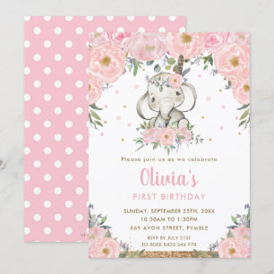 Pink Floral Boho Tribal Elephant Girl 1st Birthday Invitation