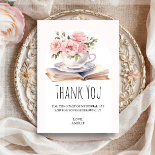 Pink Floral Book Theme Birthday  Thank You Card