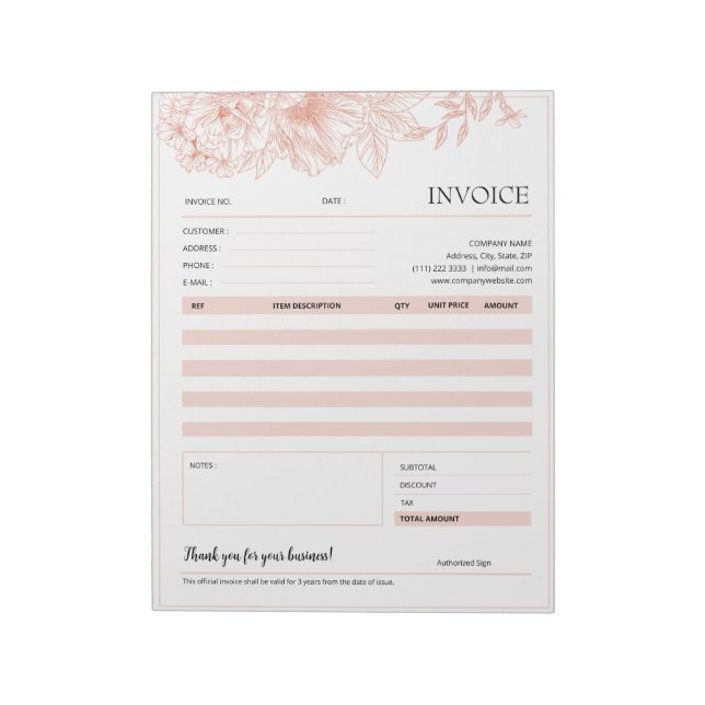 Pink Floral Border Small Business Invoice Template Notepad (Rotated)