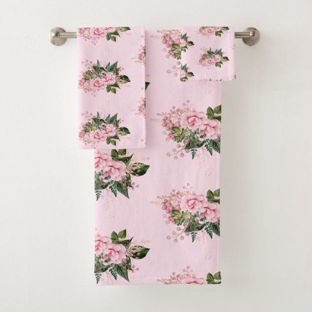 PINK  FLORAL BOTANICAL BATHROOM TOWEL SET (Insitu)