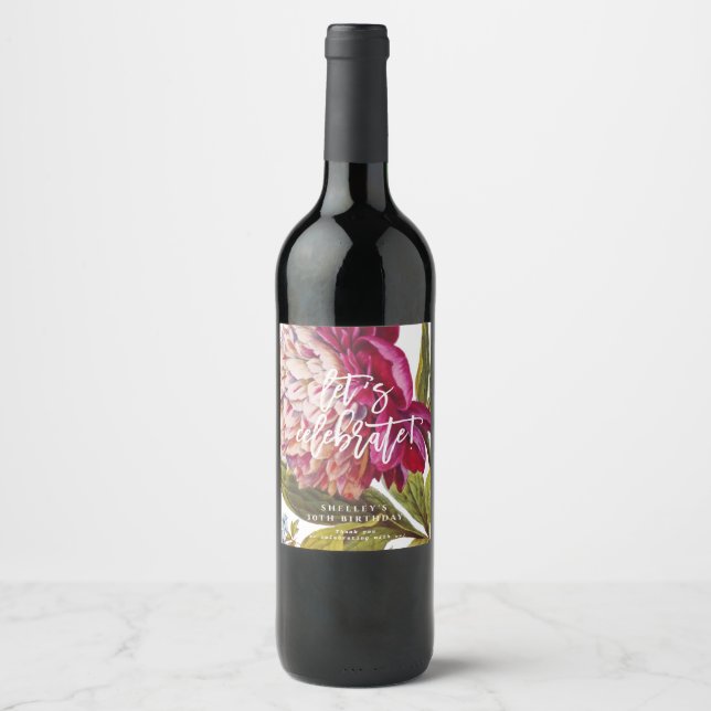 pink floral botanical birthday party bottle wine label (Front)