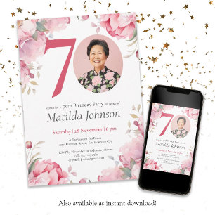 Pink Floral Botanical Custom Photo 70th Birthday Invitation