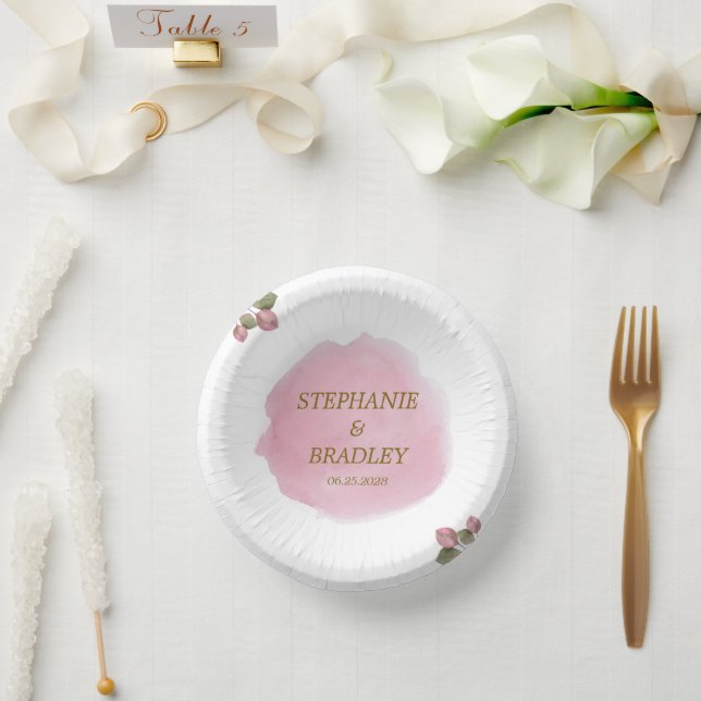 Pink Floral Botanical Elegant Modern Wedding Party Paper Plate (Wedding)