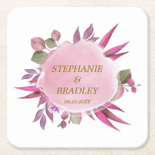 Pink Floral Botanical Elegant Modern Wedding Party Square Paper Coaster
