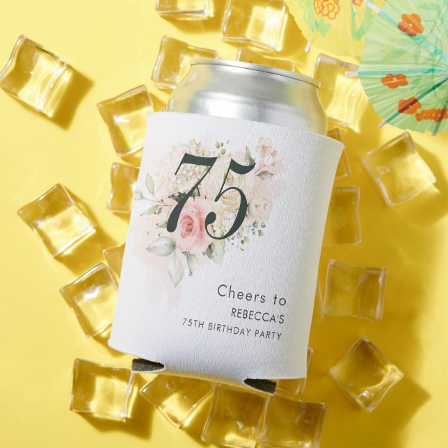 Pink Floral Botanical Foliage 75th Birthday Party Can Cooler (In Situ Summer)