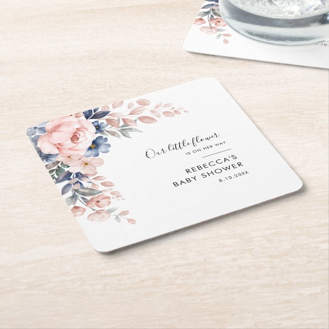 Pink Floral Botanical Modern Baby Shower Square Paper Coaster (Angled)