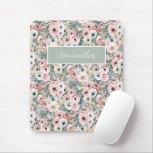 Pink Floral Botanical Name Mouse Pad