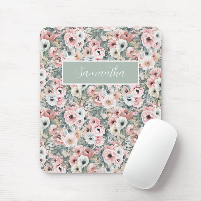 Pink Floral Botanical Name Mouse Pad (With Mouse)