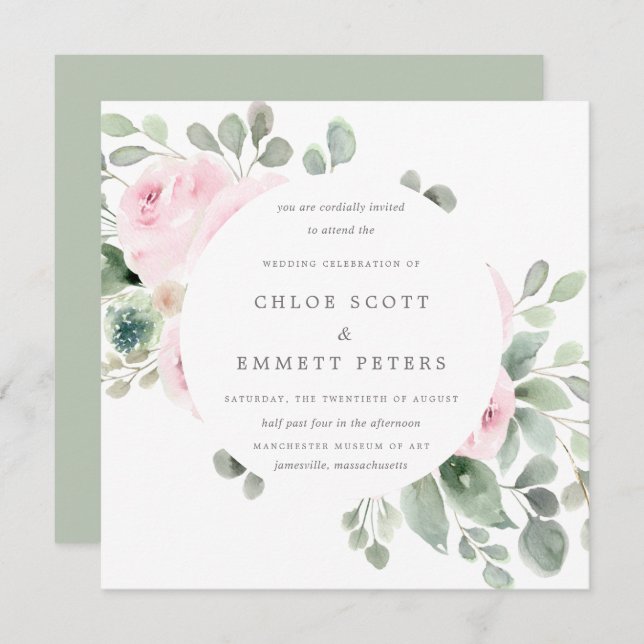 Pink Floral Botanical Square Wedding Invitation (Front/Back)