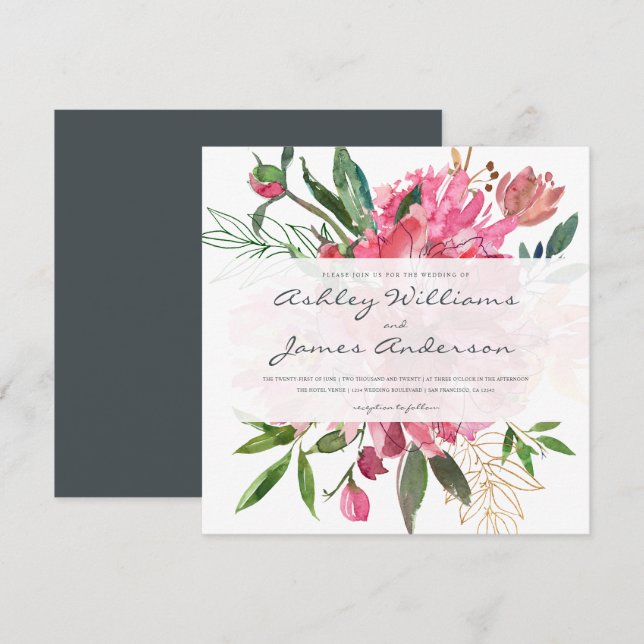 Pink Floral Botanical Wedding Invitation | Square (Front/Back)
