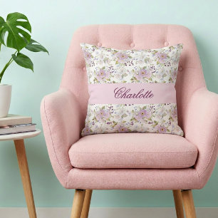 Pink Floral Botanical Wildflower Monogram Name Cushion