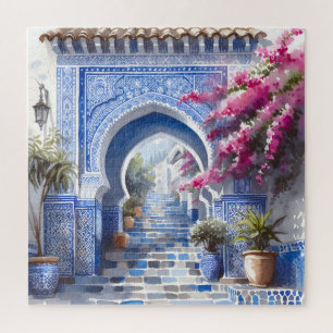 Pink Floral Bougainvillea Morocco Blue Tiles  Jigsaw Puzzle