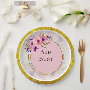 Pink Floral Bouquet and a Shimmering Gold Glitter Paper Plate