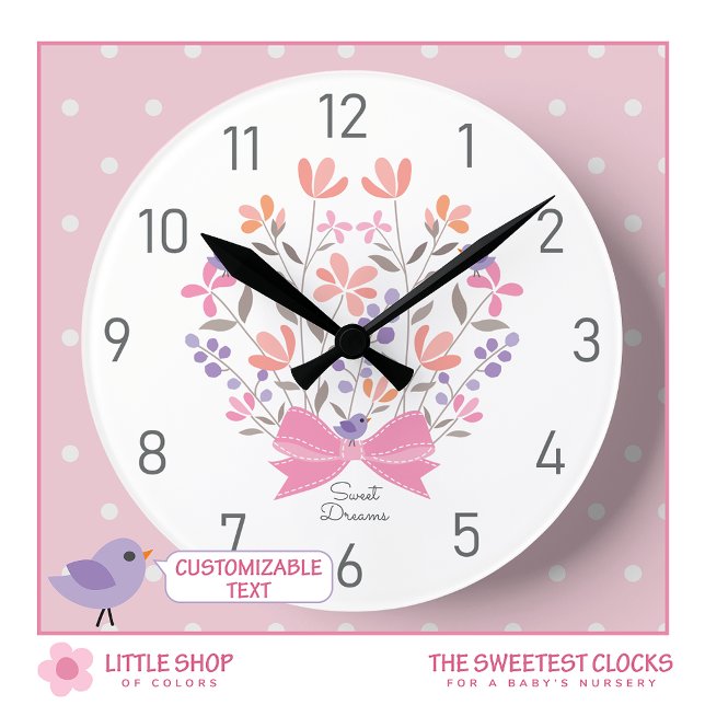 Pink Floral Bouquet Customised Girls Nursery Round Clock (Creator Uploaded)
