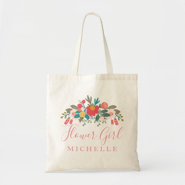 Pink Floral Bouquet Flower Girl with Name Tote Bag (Front)