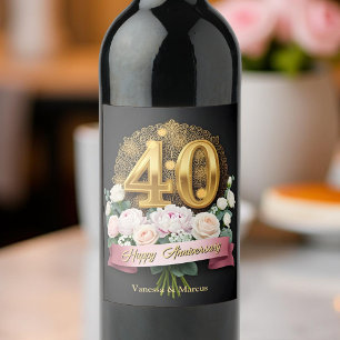 Pink Floral Bouquet Gold 40th Wedding Anniversary Wine Label