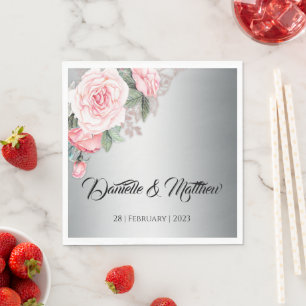 Pink Floral Bouquet on Luxurious Silver Wedding Napkin