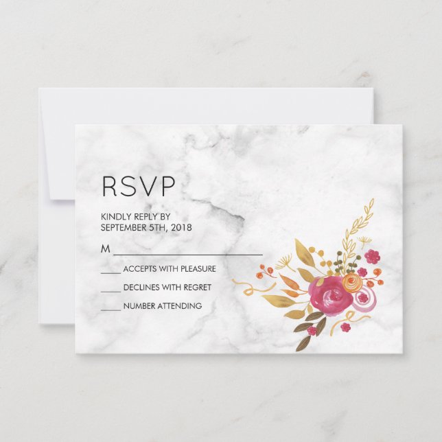 Pink Floral Bouquet on White Marble Wedding RSVP Card (Front)