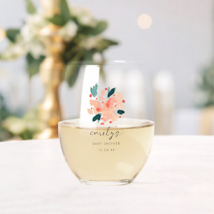 Pink Floral Bouquet Personalised Baby Shower Stemless Wine Glass
