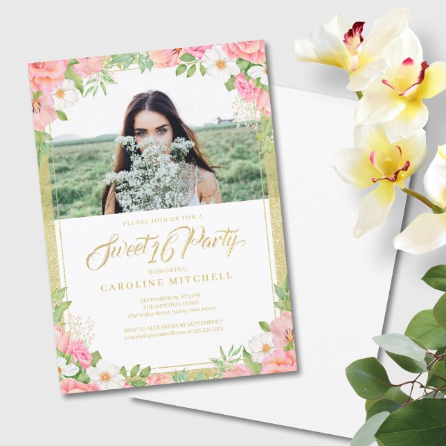 Pink Floral Bouquet Rose Sweet 16 Party Photo Invitation (Creator Uploaded)