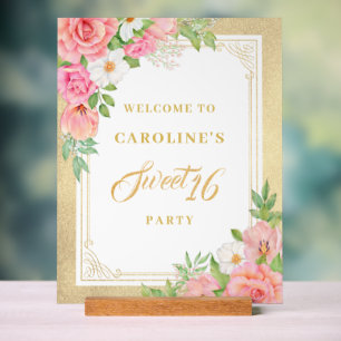 Pink Floral Bouquet Rose Sweet 16 Party Welcome Acrylic Sign