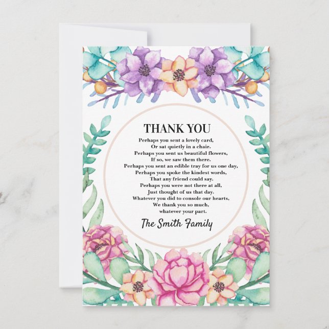 Pink Floral Bouquet Sympathy Thank You Card (Back)