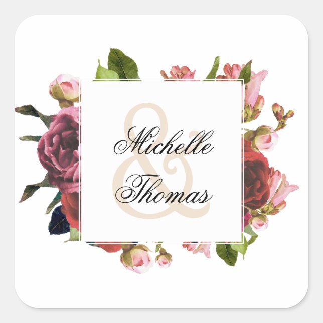 Pink Floral Bouquet Wedding Square Sticker (Front)
