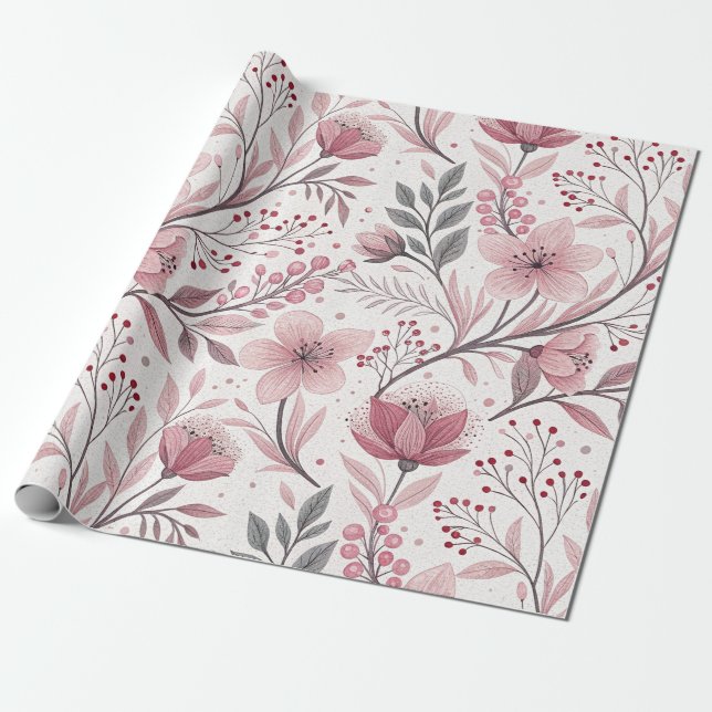Pink Floral Bouquet with Berry Accents Wrapping Paper (Unrolled)