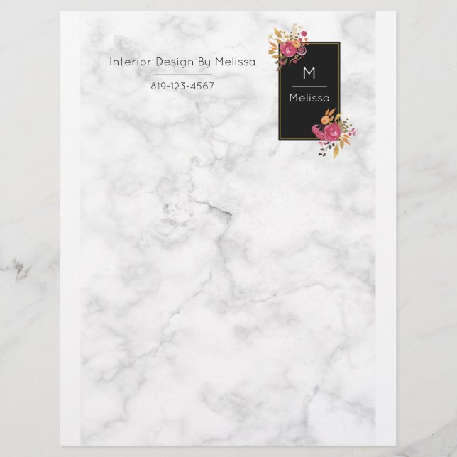 Pink Floral Bouquets on a White Marble Image Letterhead Design (Front)