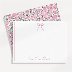 Pink Floral Bow Baby Girl Nursery Note Card