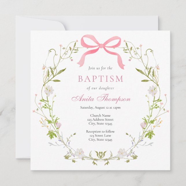 Pink Floral Bow Baptism Christening Invitation (Front)