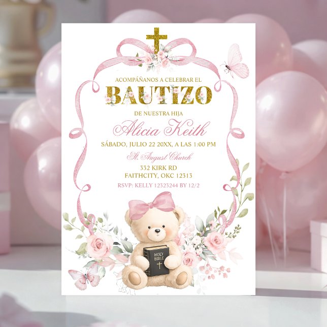 Pink Floral Bow Coquette Bear Bautizo invitation (Creator Uploaded)