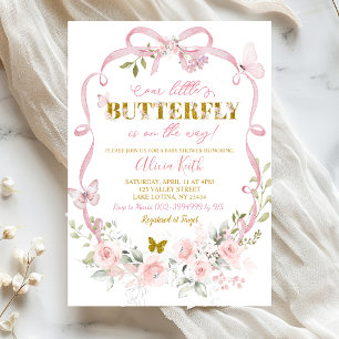 Pink Floral Bow Coquette Butterfly Baby Shower Invitation