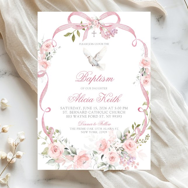 Pink Floral Bow Coquette Dove Baptism Invitation (Creator Uploaded)