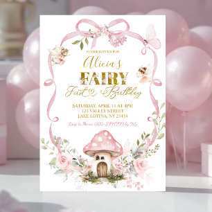 Pink Floral Bow Coquette Fairy First Birthday Invitation
