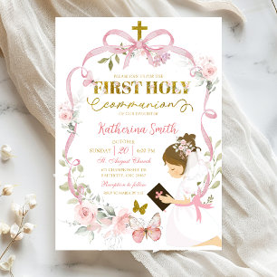Pink Floral Bow Coquette First Holy Communion Invitation