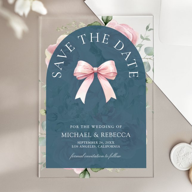 Pink Floral Bow Dusty Blue Wedding Save the Date Acrylic Invitations (Creator Uploaded)