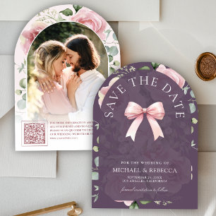 Pink Floral Bow Dusty Purple Photo Wedding Save The Date