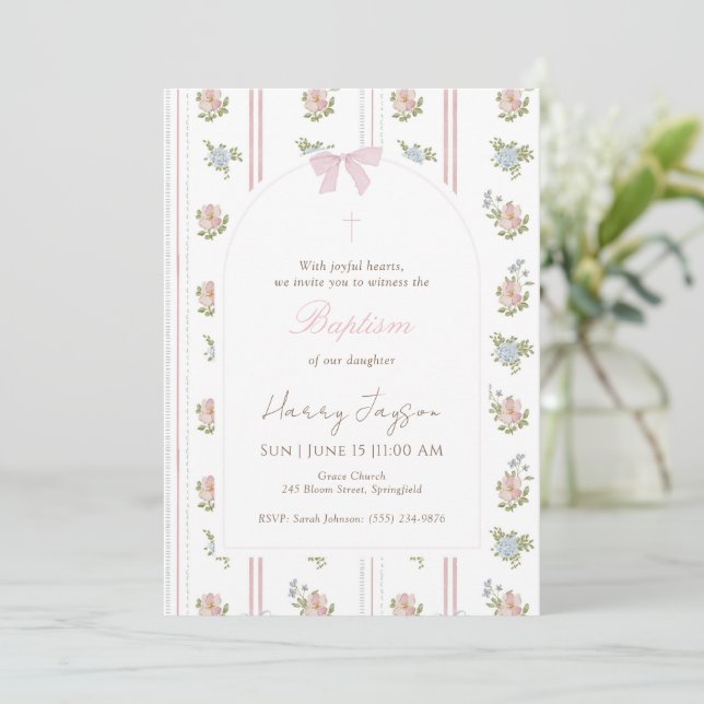 Pink Floral Bow Elegant Christian Girl Baptism Invitation (Standing Front)
