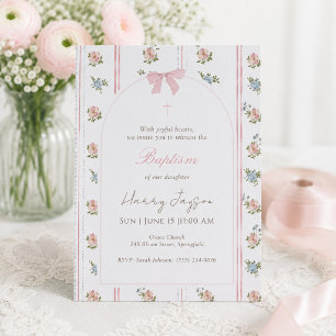 Pink Floral Bow Elegant Christian Girl Baptism Invitation