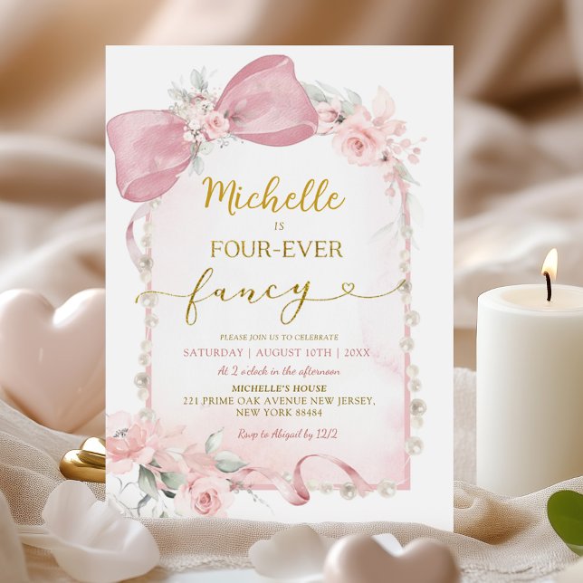 Pink Floral Bow Four-ever fancy 4th Birthday Invitation (Creator Uploaded)