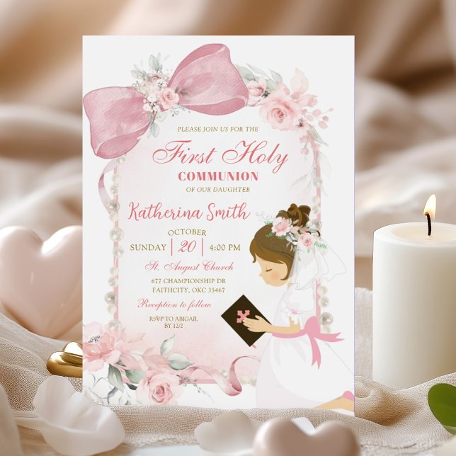 Pink Floral Bow Girl First Holy Communion Invitation (Creator Uploaded)
