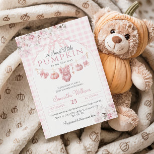 Pink Floral Bow Little Pumpkin Girl Baby Shower Invitation